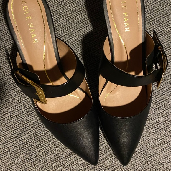 COLE HAAN Kitten Heel Mules with Gold Buckle - Picture 3 of 16
